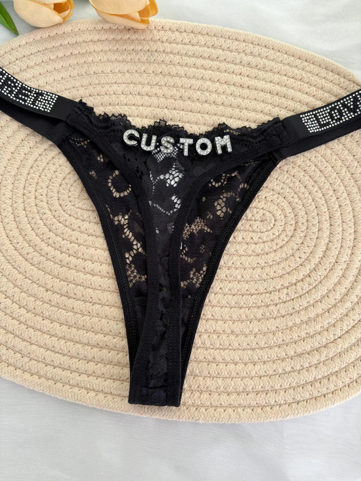 Custom Rhinestone Letter Name Thong Sexy Lace Panties Low-Rise Crystal Letter G-string Personalized Gift Wife Lover Anniversary
