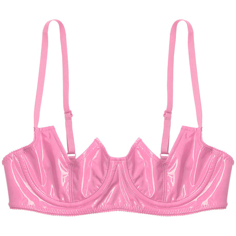 Women Sexy Exposed Nipple Bras Wet Look Patent Leather Underwired Brassiere Top Lingerie for Nightclub Pole Dacing Nightwear