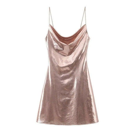 HH Women's Sexy Shinning Metallic Color Slip Mini Dress Woman Fashion Spaghetti Strap Pleated V-neck Slim Party Dresses