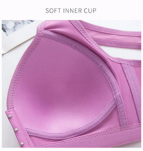 Women's Bra Wire-Free Front Closure Solid Color Full Coverage Fixed Cups Push up Brassiere Gather Bra Shockproof Underwear