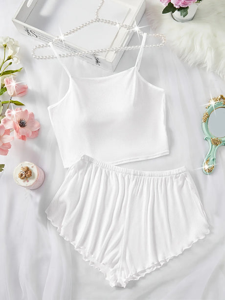 Women’s 2 Piece Solid Color Pajama Set, Square Neck Crop Cami Top and Ruffle Trim Split Shorts, Ribbed Sleepwear Loungewear