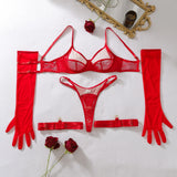 Women Red Lace Lingerie Set 5 Pcs Underwear Sheer Mesh Bra Thigh Long Gloves Thong Sexy Intimate Outfit for Romantic Night Party