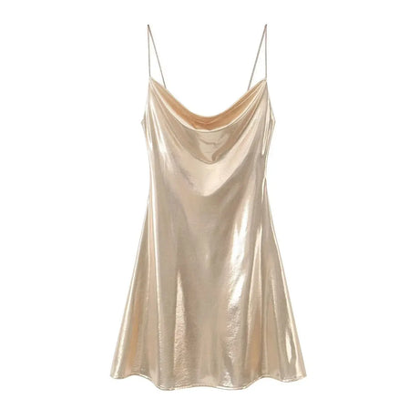 HH Women's Sexy Shinning Metallic Color Slip Mini Dress Woman Fashion Spaghetti Strap Pleated V-neck Slim Party Dresses