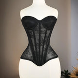 Women Mesh Corset Busiter Overbust Cups Push Breast Floral Lace Bodice Sext Tansparent Strapless Crop Tops Lace Up Steel Boned