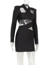 Ahagaga Sexy Club Women's Mini Dresses Solid Hollow Out V-Neck Regular Long Sleeves Sheath Bodycon Slim Fit Streetwear Vestidos