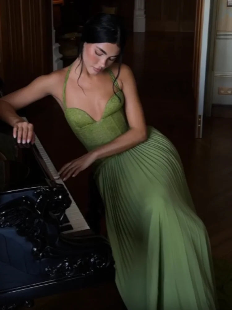 Elegant Women's Halter Long Dress Corset Pleated Dresses Evening Party Formal Wedding Guest Green Graduation Bridesmaid Gown New
