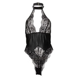 Porn Suit Women Sexy Lingerie Black PU Latex Leather Halter Lace Backless Bodysuit Underwear Skinny Bodycon Body Suit Teddies