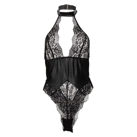 Porn Suit Women Sexy Lingerie Black PU Latex Leather Halter Lace Backless Bodysuit Underwear Skinny Bodycon Body Suit Teddies