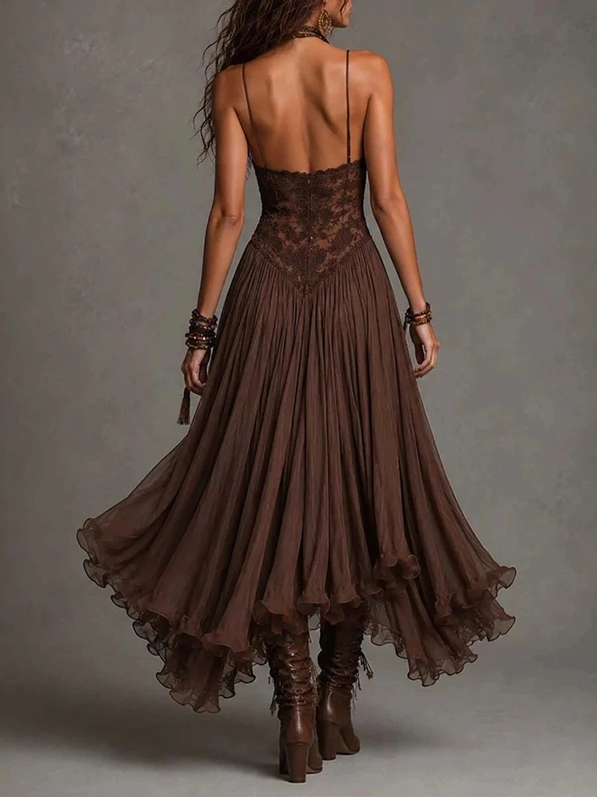 Women‘s Spaghetti Strap Lace Midi Boho Dress Sexy V Neck Ruched Flowy Mesh Sheer Dress Tiered Hem Western Vacation Party Dresses