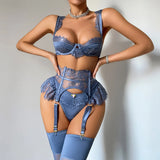 Diccvicc Coquette Slate Blue Lingerie Set 4 Piece Eyelash Lace Satin Bra Peplum Ruffle Garter with Rosebud Thong Women Nightwear