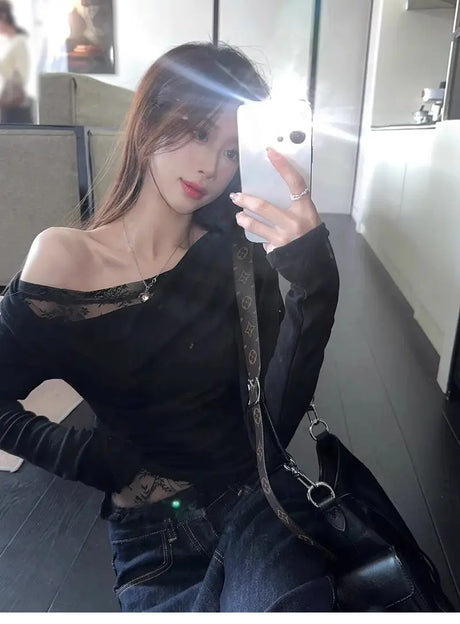 Lace Splice Asymmetrical Shoulder Long Sleeve T-Shirt Women's Slim Fit White Top for Autumn Winter Commute Casual Wear