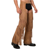 Mens Western Cowboy Chaps Fuax Suede Tassel Hollow Out Open Crotch Long Pants Adjustable Buckles Waist Motorcycle Biker Trousers