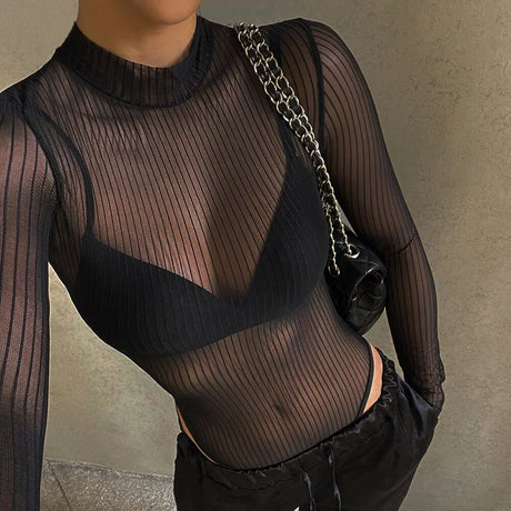 See Through Bodysuit Backless Hollow Out Transparent Club Jumpsuits Women Solid Black Tee Summer Elegant Sexy Streetwear