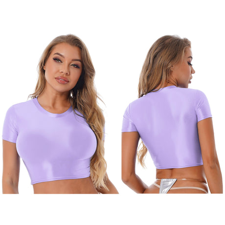 Womens Glossy Two-piece Outfit Oil Shiny Smooth High Waist Mini Skirt with Tank Top Nightclub Rave Outfit Pole Dancing Clubwear