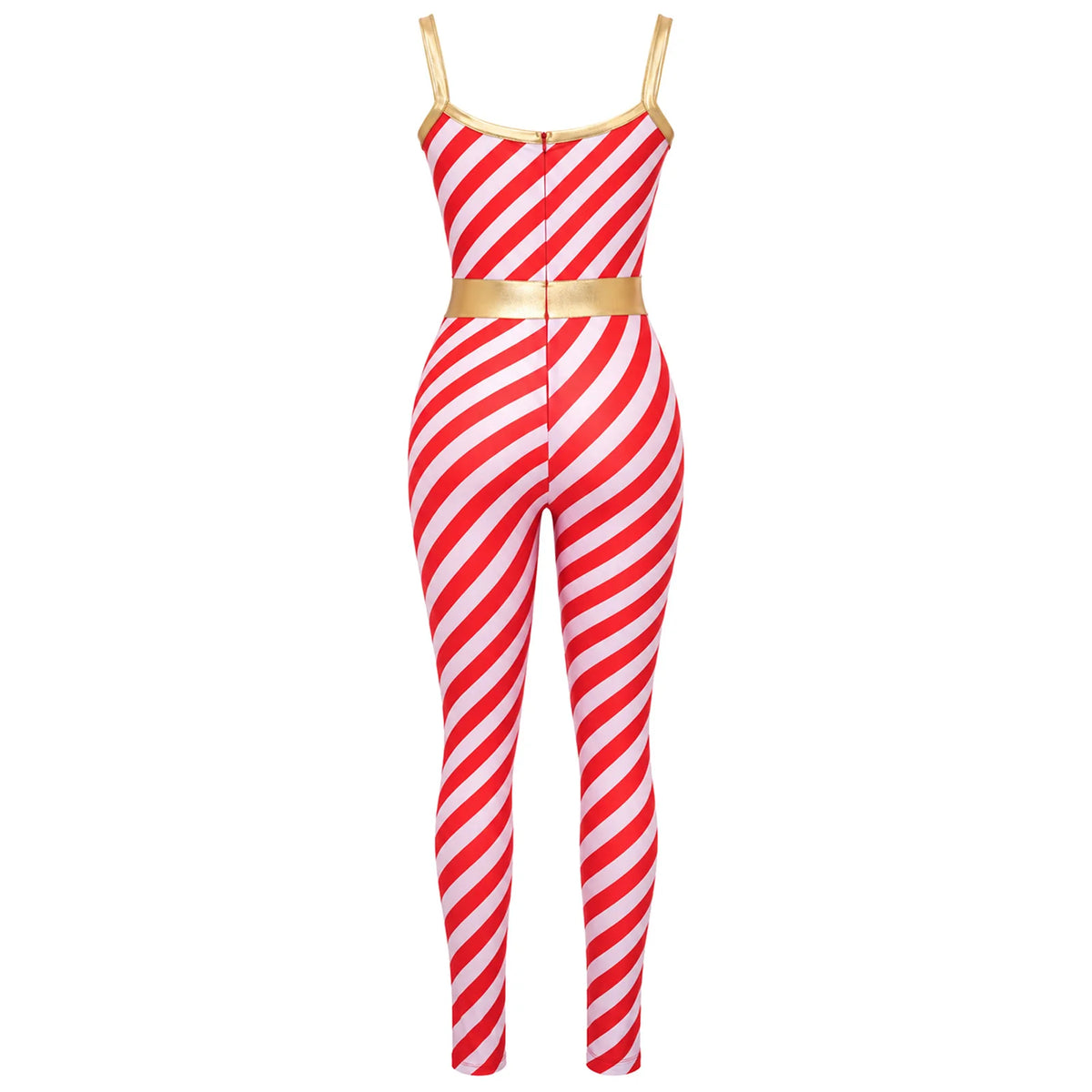Christmas Candy Cane Women Cosplay Jumpsuit Gold Waistband Spaghetti Strap Romper Holiday Fancy Dress Xmas Themed Party Costume