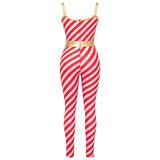 Christmas Candy Cane Women Cosplay Jumpsuit Gold Waistband Spaghetti Strap Romper Holiday Fancy Dress Xmas Themed Party Costume