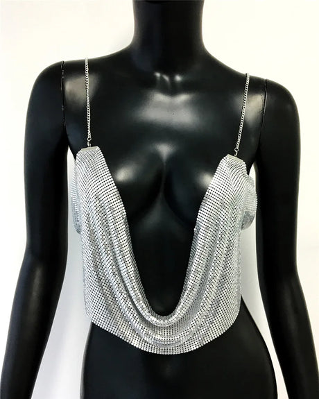 Fashion Metallic Sequins Party Tank Top Sexy Deep V Neck Backless Spaghetti Straps Sling Crop Top 2024 Rave Nightclub Camisole