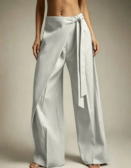 Women High Waist Wide Leg Pants Loose Wrap Tie Knot Asymmetric Pleated Trousers Beach Casual Bottoms