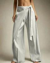 Women High Waist Wide Leg Pants Loose Wrap Tie Knot Asymmetric Pleated Trousers Beach Casual Bottoms