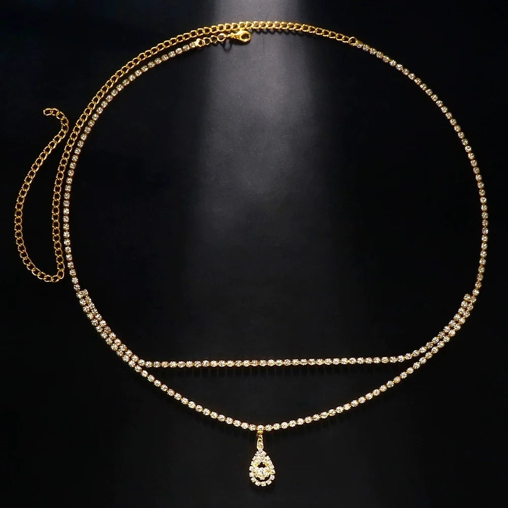 Luxury Women's Rhinestone Double Chain Water Drop Waist chain Crystal Body Belly Chain Fashion Accessory for Special Occasions