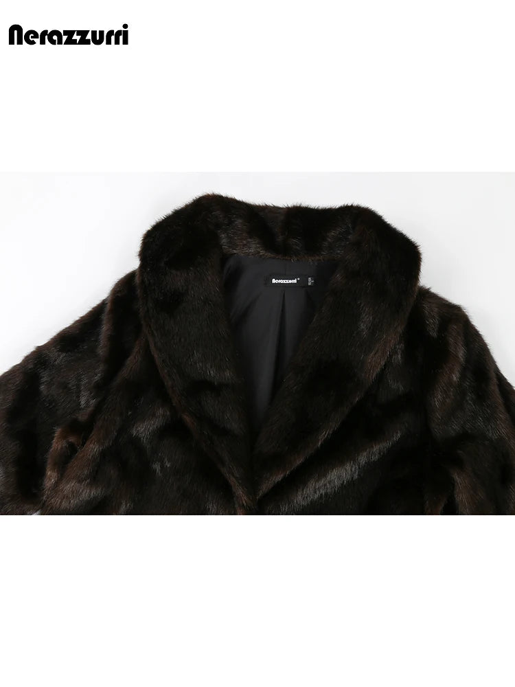 Nerazzurri Autumn Winter Extra Long Thick Warm Brown Fluffy Faux Mink Fur Coat Women Luxury Elegant Chic Furry Overcoat 2024