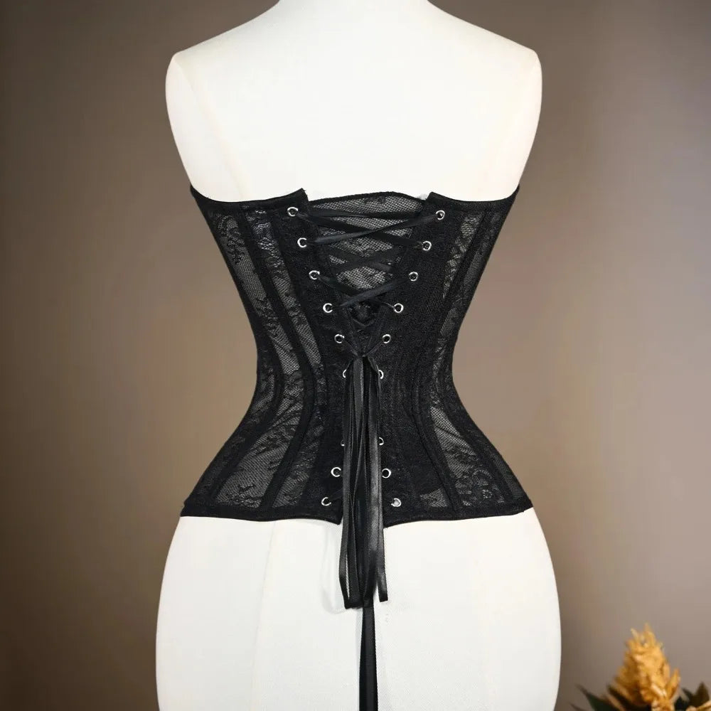 Women Mesh Corset Busiter Overbust Cups Push Breast Floral Lace Bodice Sext Tansparent Strapless Crop Tops Lace Up Steel Boned
