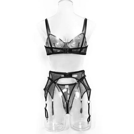 Lingerie Set Sexy See Through Mesh Push Up Bra Contrast Color Metal Ring Decor High Elasticity Two Piece Sexy Lingerie for Women