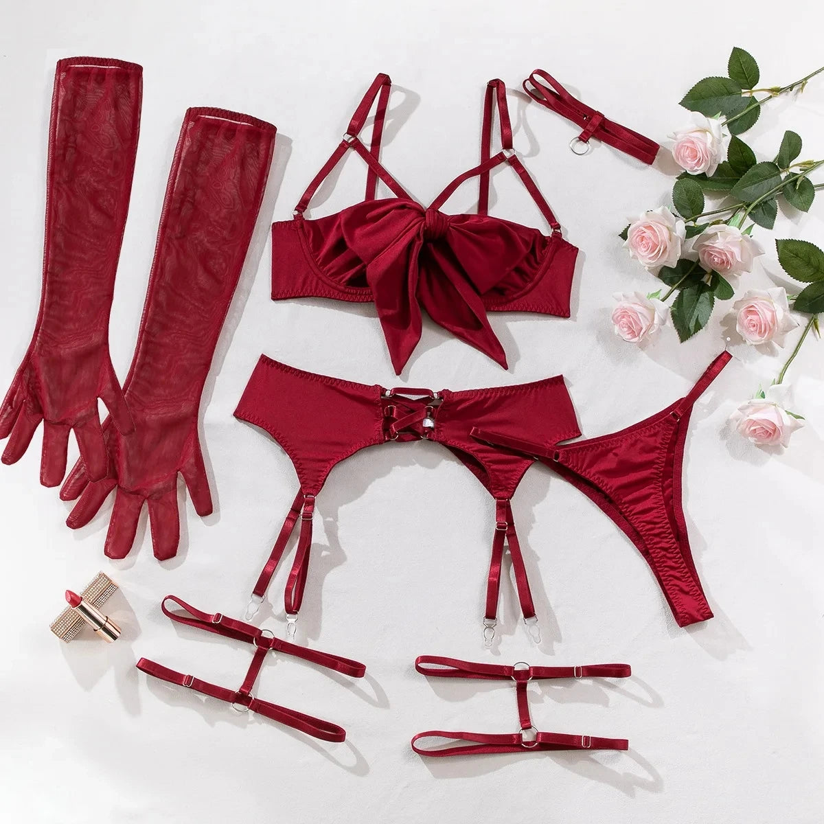 Cupless Lingerie Set Silk Bra Thigh Straps 3Piece Satin Bowknot Erotic Underwear for Women