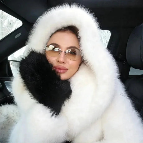 Women's Faux Fur Jacket White Mountain Fashion Hooded Cropped Faux Fur Coat Women Fluffy Women's Plush Coat Girls Hot Overcoat
