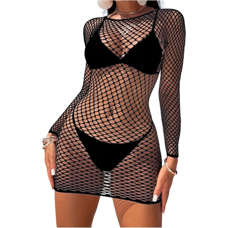 Women Wedding Night Black Dress Mini Dress Sexy Hollow Out Fishnet Cover Up Long Sleeve Sheer Mesh Beach Dress Coverups