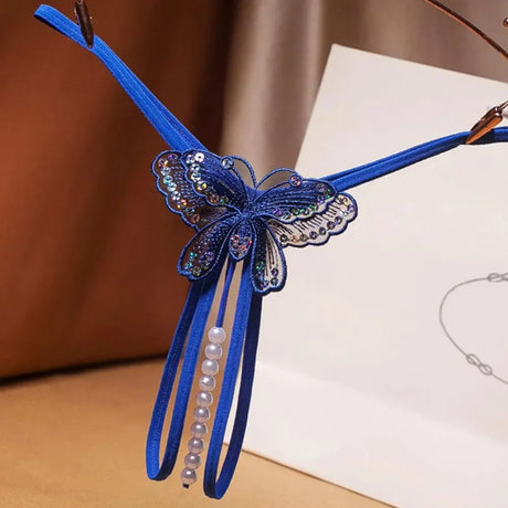 Butterfly Embroidery Pearl Thong Women Sexy Lace Panties Open Crotch G-String Female Lingerie Massage Pearl Underwear T-Back