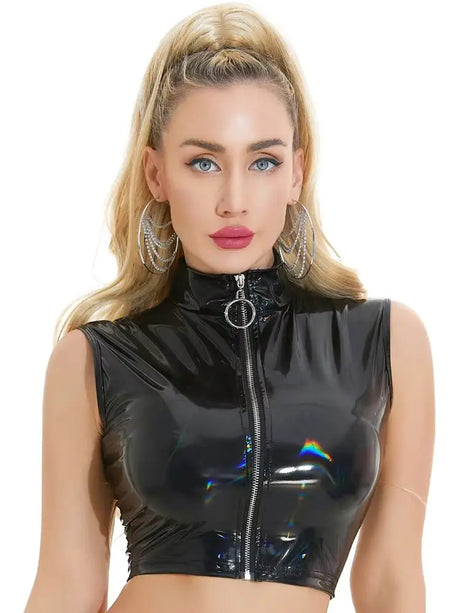 Wet Look PVC Crop Tops Zipper Bustier Shiny PU Leather Tank Vest Camis Tights Sleeveless Shirt Hot Sexy Clubwear Croptop Cropped