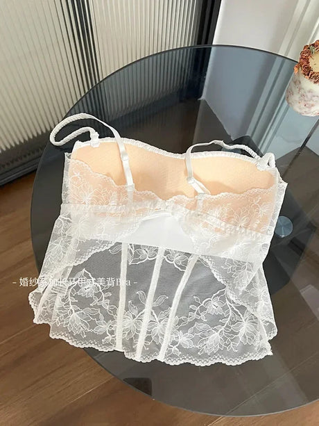 Women Elegant French Longline Lingerie, Lace Satin Wireless Bra, Push Up Sexy Open Back, Luxury Bridal Underwear Fit Small Bust