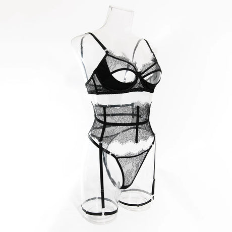 Diccvicc Eyelash Floral Lace Lingerie Cut Out Bra Wide Garter Underwear Set See Through Seductive Intimate Apparel Exotic Outfit