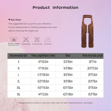 Mens Western Cowboy Chaps Fuax Suede Tassel Hollow Out Open Crotch Long Pants Adjustable Buckles Waist Motorcycle Biker Trousers