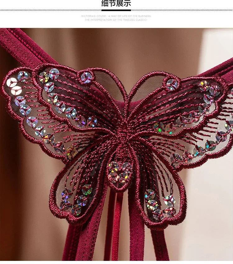 2026 Sex Thongs Embroidery Butterfly Sequin Pearl Massage Panties Sexy Lingerie Women's Open Crotch Lace T-back Female Underwear