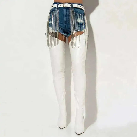 White Sexy Stiletto Heel Belt Buckle Over The Knee Boots Big Size 41-46 Pu Leather Thigh High Boots Shoes