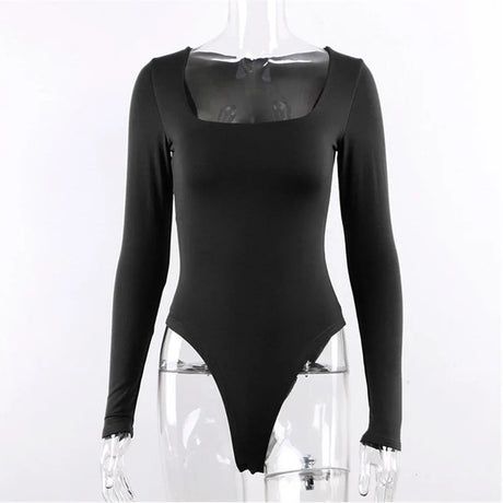 Long Sleeve Bodysuits Spring 2025 Square-Cut Collar Solid Bodycon Elastic Romper Sexy Y2k Women Clothing Fashion Club Party 2520