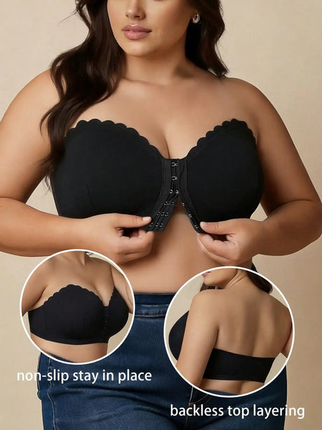 Summer Thin Black Strapless Front-Clasp Bra, Curve Large-Size Underwear, Wireless Bra Bandeau, Comfortable Single Bra Piece