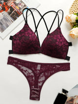 Sexy Burgundy Red Lace Wireless Front Closure Bra Set Push Up Padded Bralette & G-string Women Romantic Lingerie Set 70B-85B