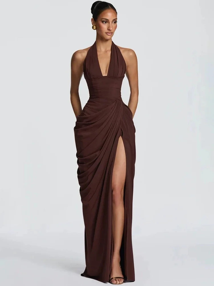 Mozision Wine Red Halter Deep V Maxi Dress Women Elegant Draped Ruched High Split Bodycon Cocktail Wedding Club Party Dresses