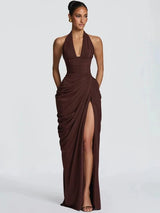 Mozision Wine Red Halter Deep V Maxi Dress Women Elegant Draped Ruched High Split Bodycon Cocktail Wedding Club Party Dresses