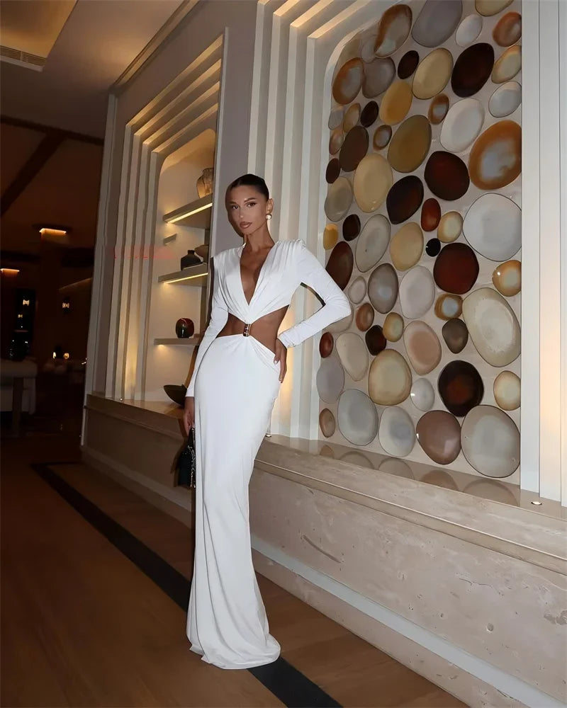 Deep V Neck Long Sleeve Sexy Maxi Dress Women Gown Autumn Fashion Hollow Out Backless High Waist Club Party Long Dress