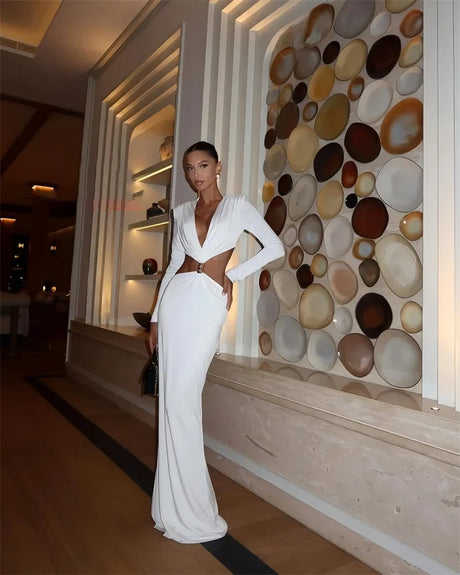 Deep V Neck Long Sleeve Sexy Maxi Dress Women Gown Autumn Fashion Hollow Out Backless High Waist Club Party Long Dress
