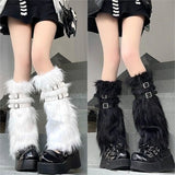 Furry Leg Warmers Women Sweet Lolita Leather-Buckle Plush Leg Covers Y2k Hottie Subculture JK Long Socks Punk Gothic Foot Covers