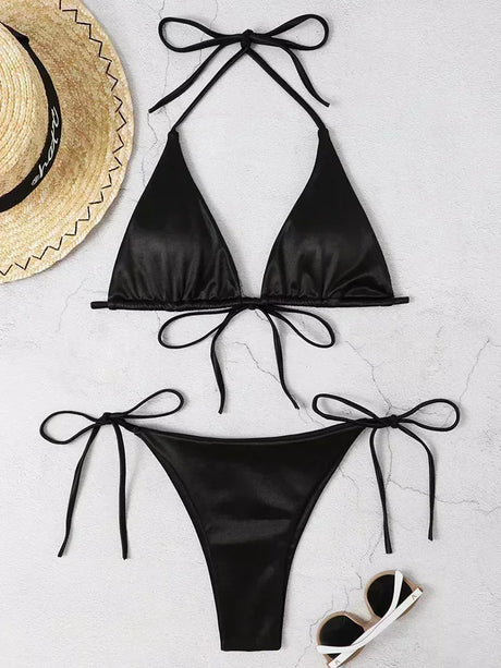 Wrap Around Halter Metallic Satin Bikini Women Swimwear Female Swimsuit Two-pieces Bikini Set Brazilian Bathing Suit Swim Lady