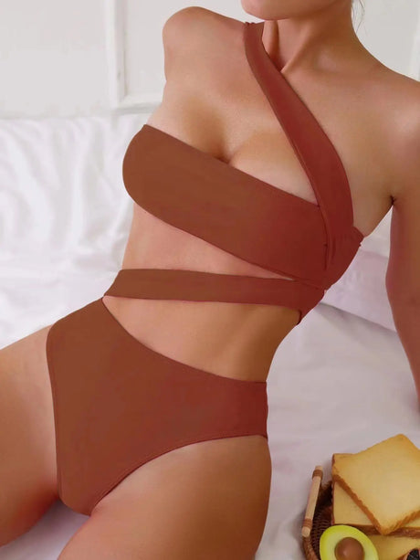 Cikini-One-Piece Swimsuit for Women, Strapless Straps, Slanted Shoulder, Beach Swimwear, Bathing Suit, Monochromatic, Summer