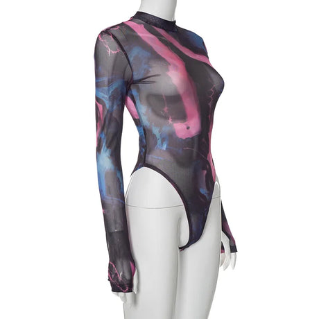 Fashion Tie Dye Printing One-Piece Romper Sexy Women Long Sleeve Bodysuits Streetwear Y2k Bottoming Tops Clubwear O-Neck T-Shirt