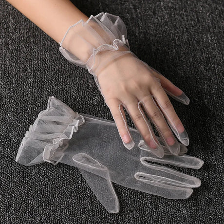 1 Pair Women's Lace Full Finger Gloves Fashion Short Tulle Elastic Etiquette Lotus Leaf Shears for Stylish Hand Protection