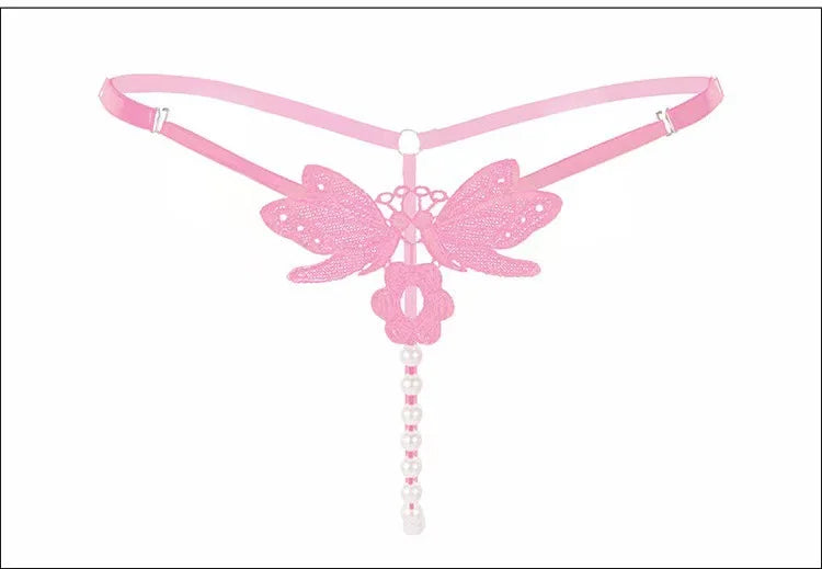 Butterfly Lace Pearl G-String Thong Adjustable Strap Hollow Out T Back Panty Adult Women Seductive Decorative Pearl Intimate